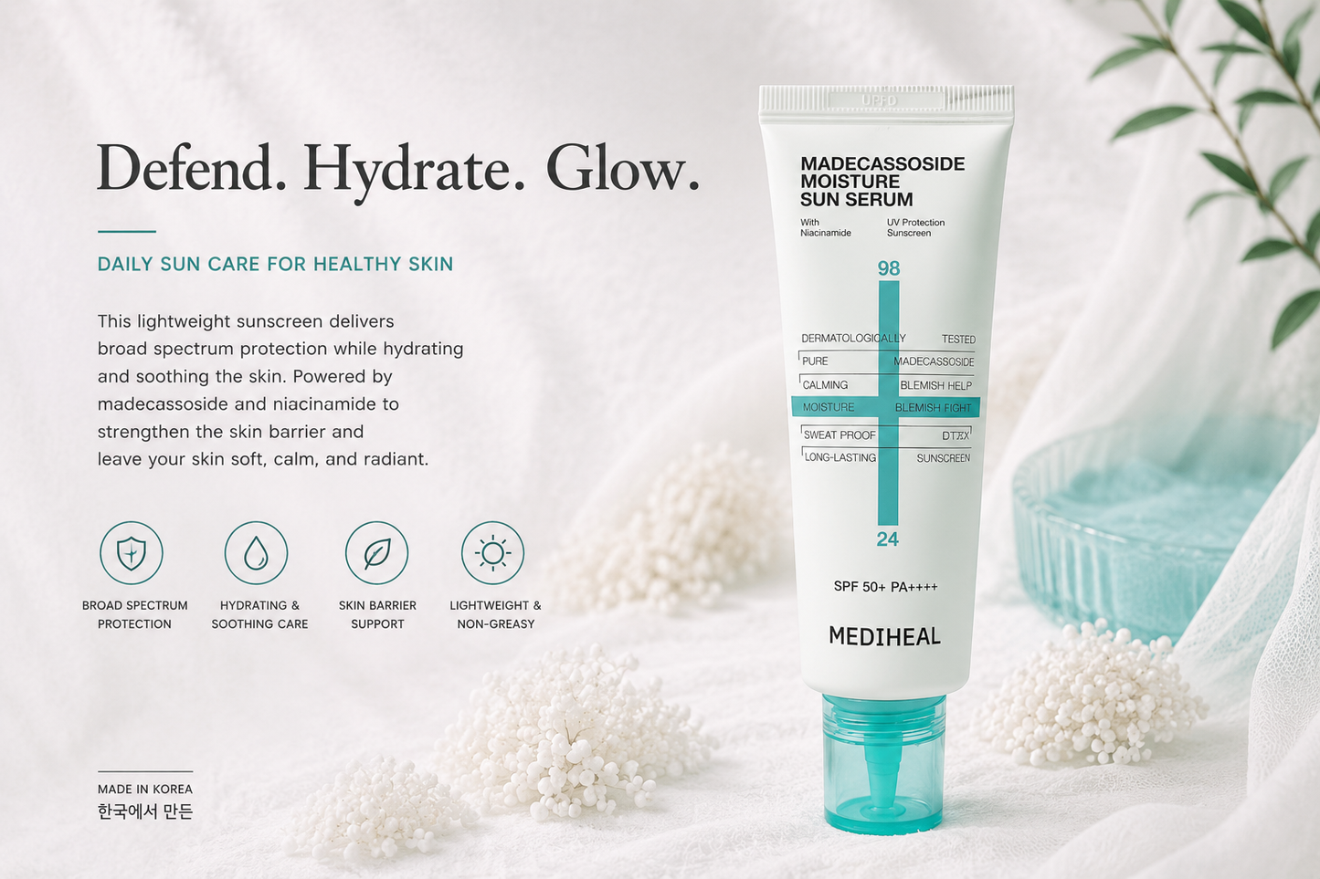 MEDIHEAL Madecassoside Moisture Sun Serum – Sun Protection, Hydration, and Soothing Care