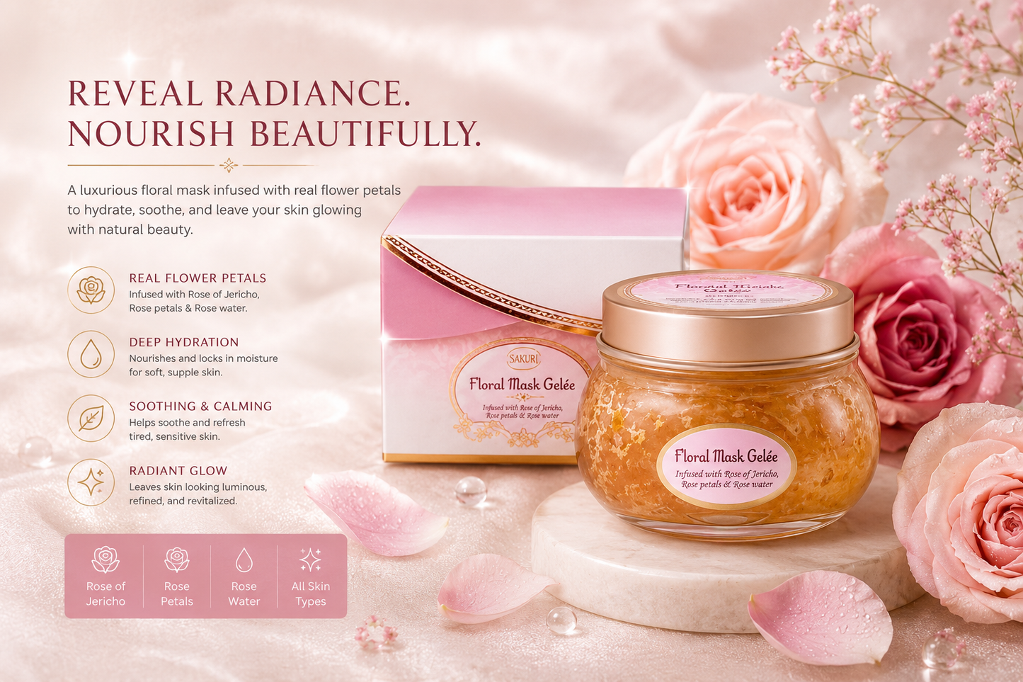 Sakuri Floral Mask Gelée – Máscara Facial Hidratante com Pétalas de Rosa e Rosa de Jericó