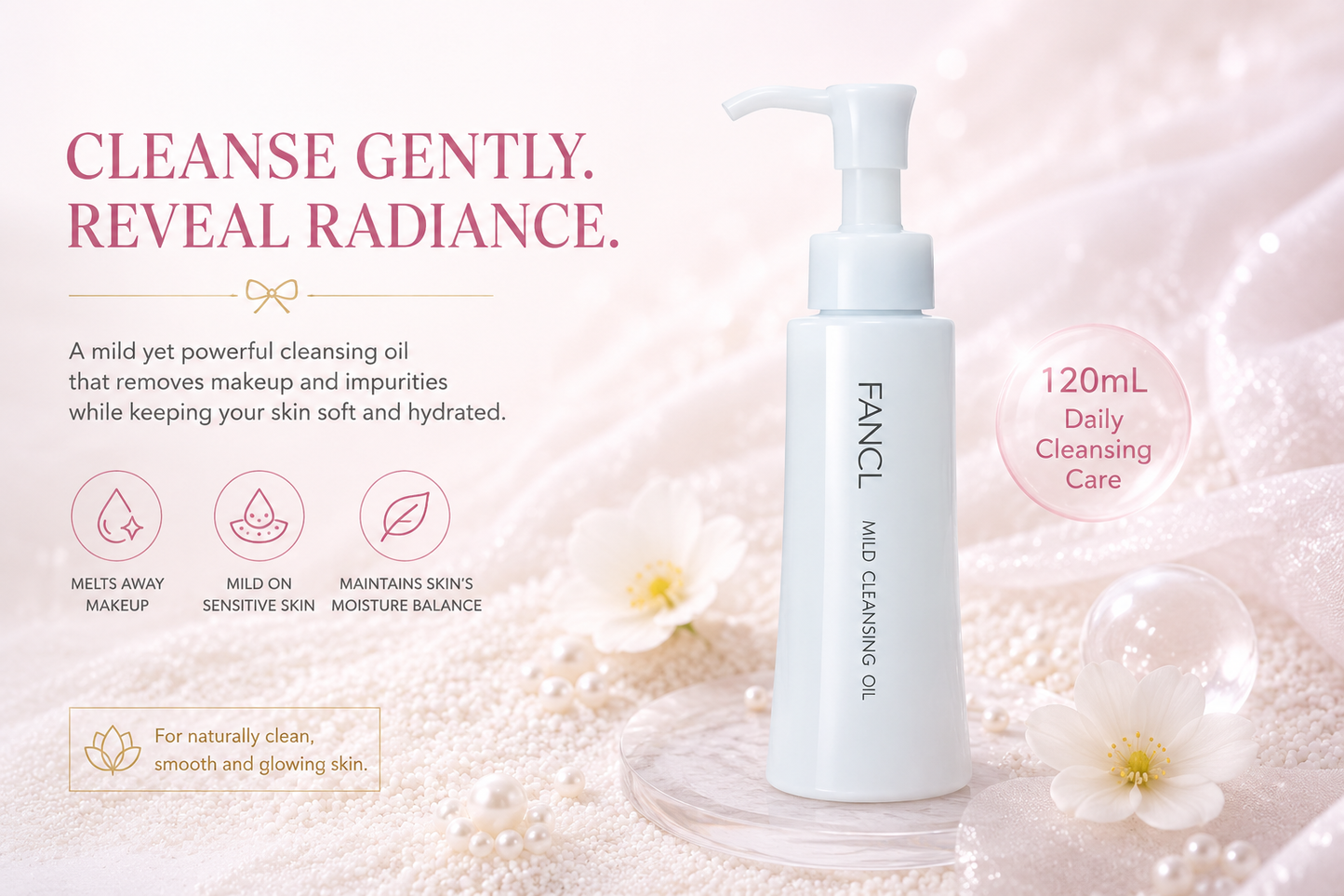 FANCL Mild Cleansing Oil – Óleo de Limpeza Facial Suave para uma Pele Limpa, Hidratada e Radiante