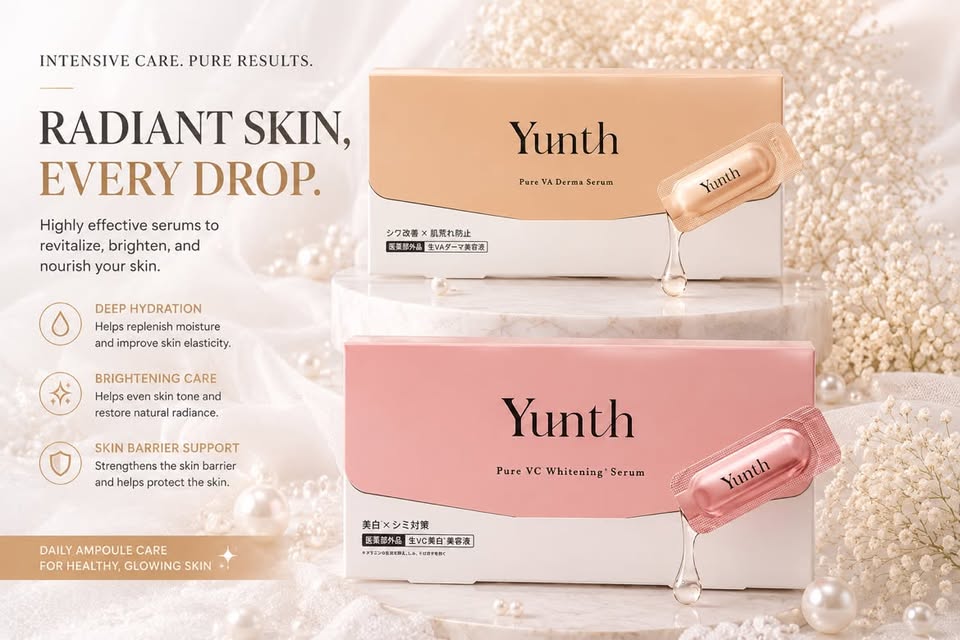 Yunth Pure VC Whitening Serum & Pure VA Derma Serum – Ampolas de Tratamento Facial