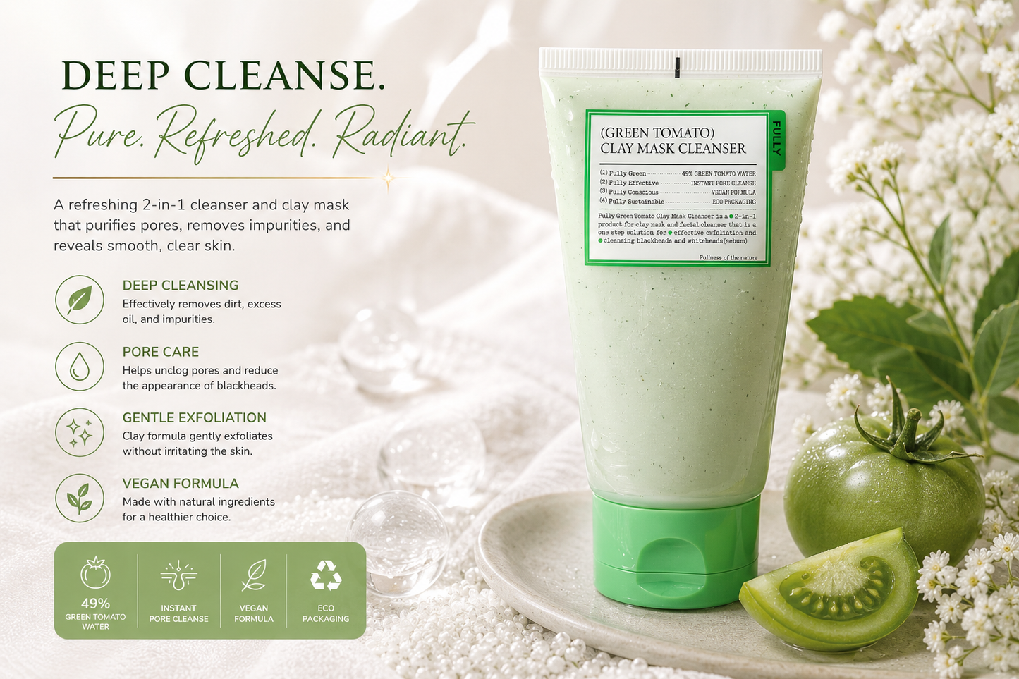 Fully Green Tomato Clay Mask Cleanser – Limpeza Profunda, Controle dos Poros e Renovação da Pele