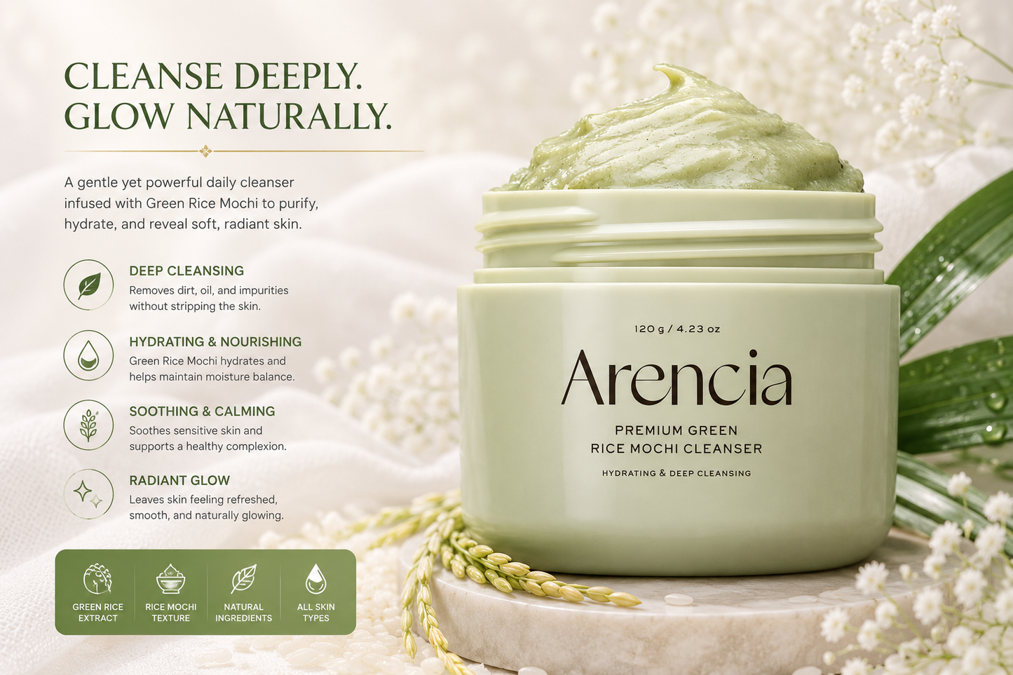Arencia Premium Green Rice Mochi Cleanser  – Limpeza Profunda, Hidratação e Luminosidade Natural