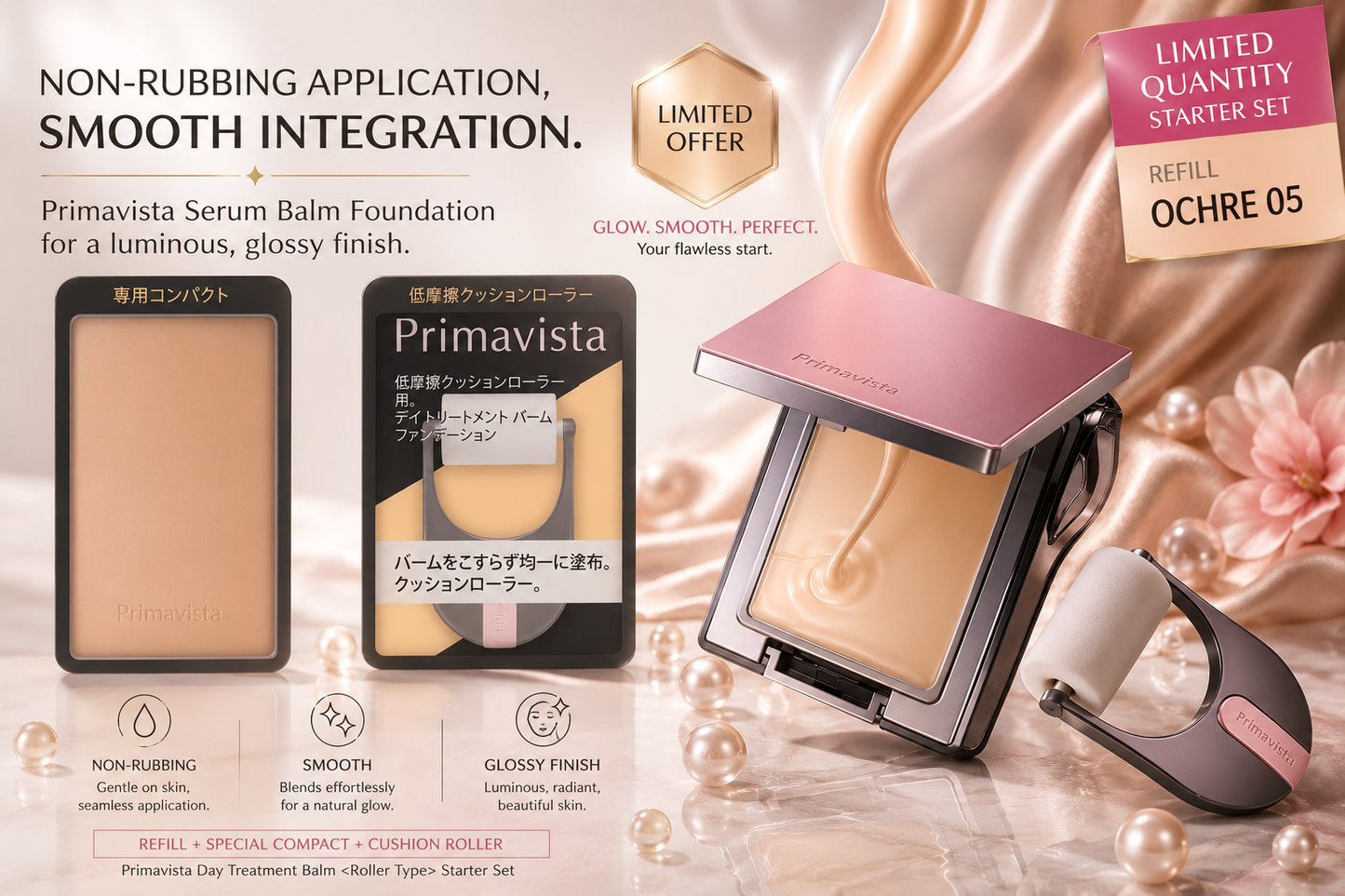 Primavista Serum Balm Foundation Starter Set – Ochre 05 (Refill + Compact + Cushion Roller)