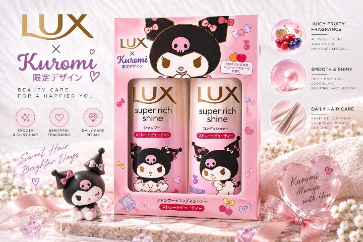 LUX × Kuromi Super Rich Shine Straight Beauty – Kit Shampoo + Conditioner | Edição Limitada Japão