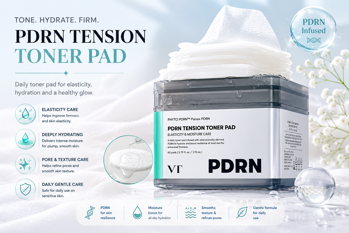 VT PDRN Tension Toner Pad – Elasticidade, Hidratação e Glow Diário