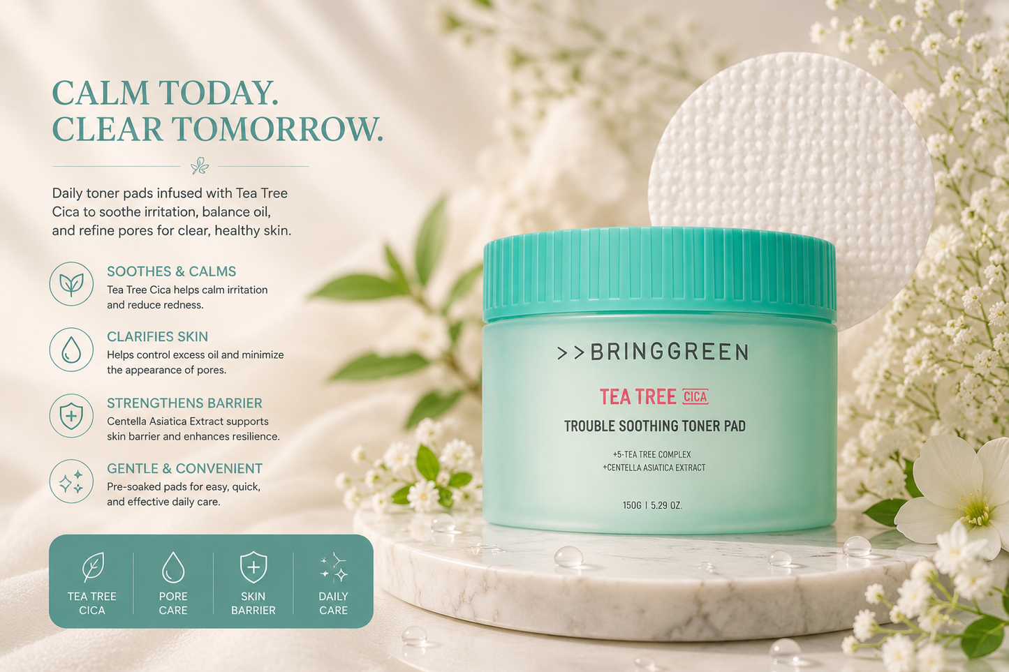 Bring Green Tea Tree Cica Trouble Soothing Toner Pad – Toner Pads Calmantes para Pele Sensível e Oleosa